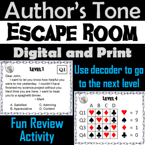 Determining Author's Tone Activity: Reading Comprehension Escape Room ELA