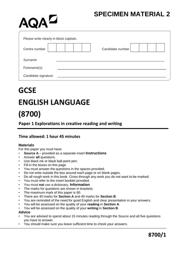 AQA STYLE English Language Paper 1 Sample Exam Paper