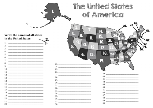 Numbered Map Of The United States Numbered map of United States of America | Teaching Resources