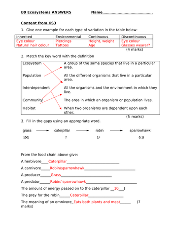 Pre and post progress quiz B9 Ecosystems Biology Edexcel GCSE
