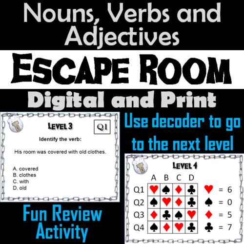 Nouns Verbs and Adjectives Escape Room Parts of Speech