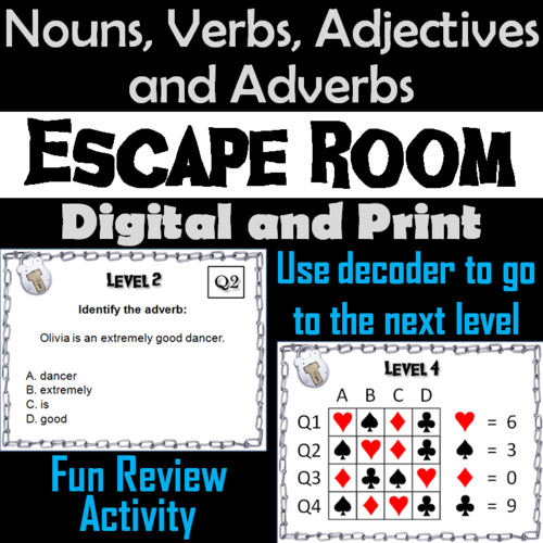 Nouns, Verbs, Adjectives, and Adverbs Escape Room