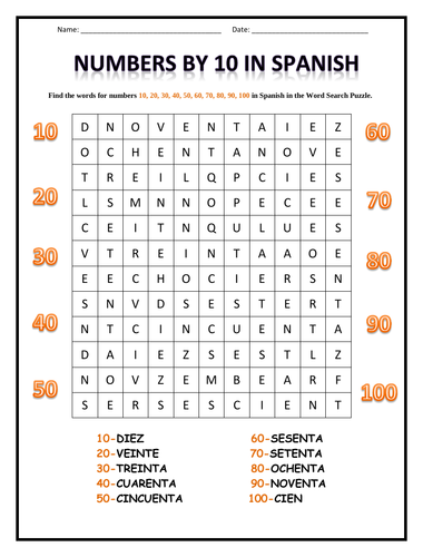 NUMBERS BY 10 IN SPANISH - Word Search Puzzle