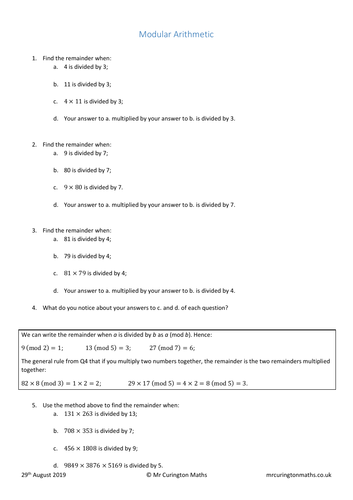 Modular Arithmetic Worksheet