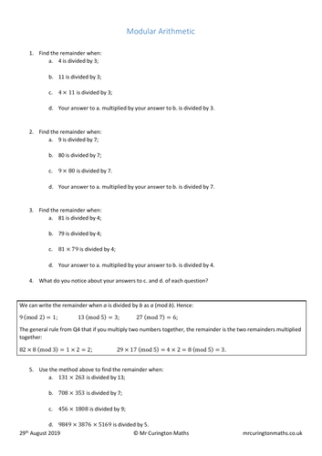  Modular Arithmetic Worksheet Teaching Resources