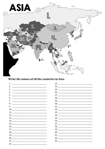 Fill In Map Of Asia Map of Asia, numbered, fill in the names | Teaching Resources