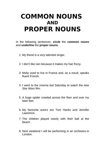 Common Nouns and Proper Nouns Worksheet