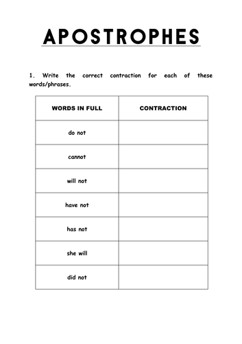 Apostrophes Worksheet