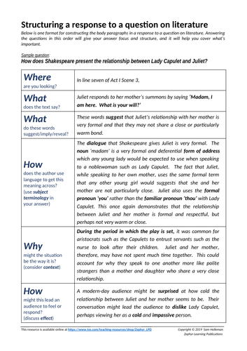 Literature Paper Question - Response Guide (inc. Exemplar Paragraph on Romeo and Juliet)