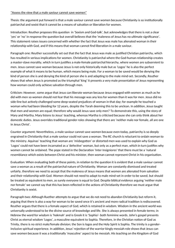 “Assess the view that a male saviour cannot save women” GENDER AND THEOLOGY