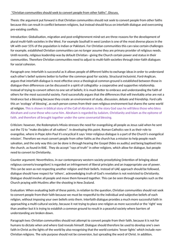 “Christian communities should seek to convert people from other faiths”. Discuss. PLURALISM