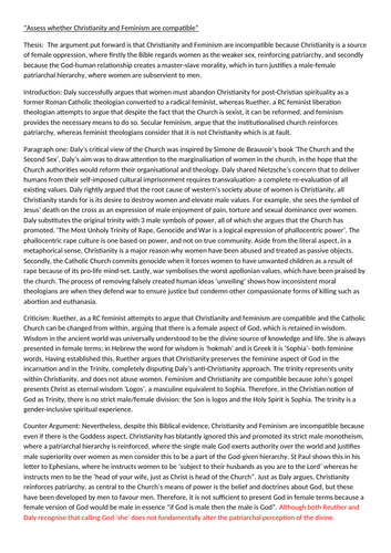 “Assess whether Christianity and Feminism are compatible” Gender and Theology essay