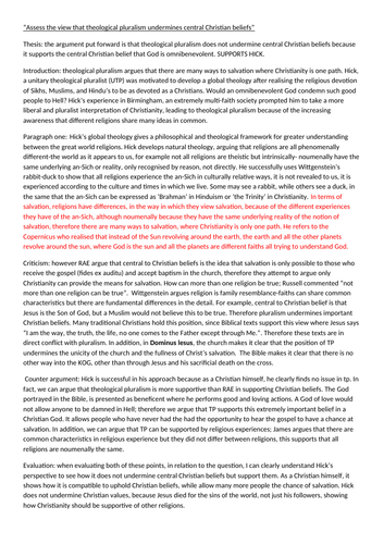 PLURALISM -“Assess the view that theological pluralism undermines central Christian beliefs”