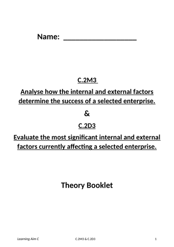 BTEC Tech Award in Enterprise Level 1/2 - Complete Component 1 Theory Booklets & Final Report Sheets