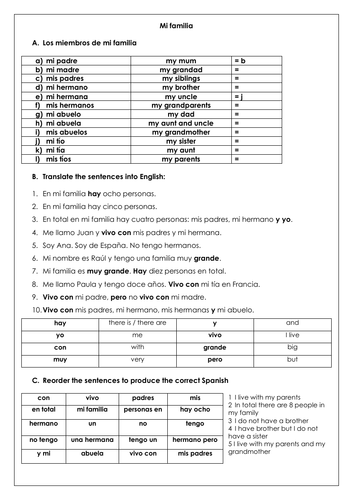 Spanish KS3 Beginners mi familia: my family vocabulary, reading & translation