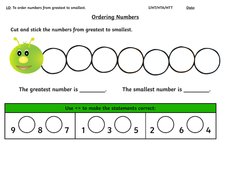 Year 1 Ordering Numbers Greatest to Smallest Cut and Stick Activity