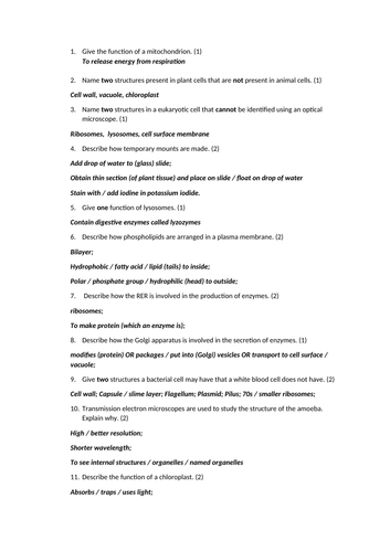 AS Biology Cells Rapid Recall Questions