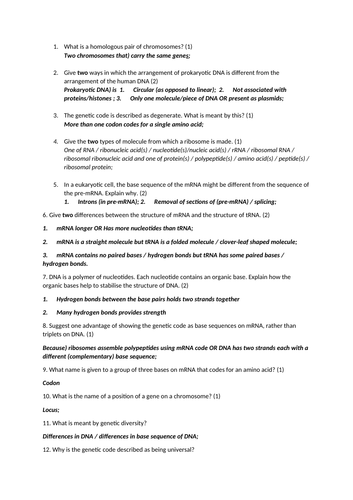 AS Biology Genetic information and Variation Rapid Recall Questions