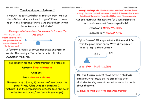 Moments, levers and gears 1 AQA Physics solutions