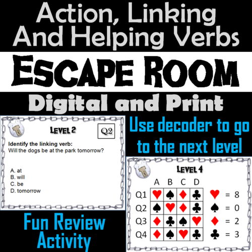 Action, Linking and Helping Verbs Activity: Escape Room Grammar