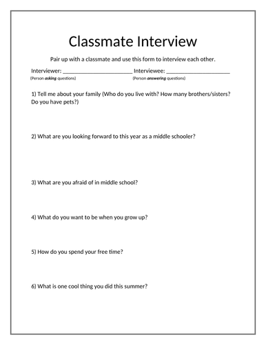 Classmate Interview - Middle School Edition