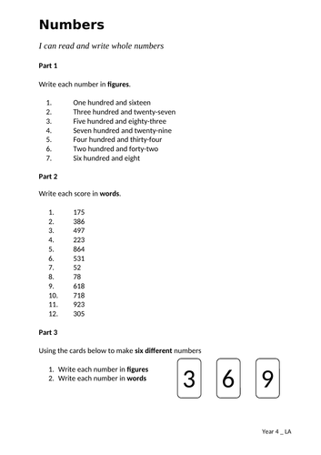 Year 4 _ Reading and writing numbers.