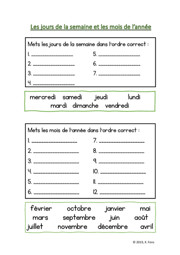 months and days in french worksheet teaching resources