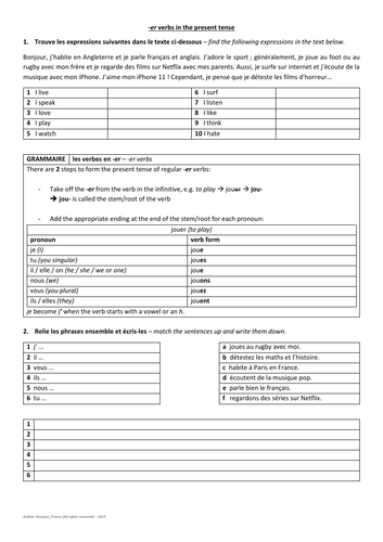 French -ER Verbs (answer sheet included)