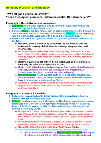 OCR A level Religious Studies - Religious Pluralism & Theology DCT Essay Plan
