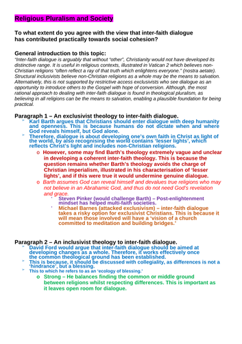 OCR A level Religious Studies - Religious Pluralism & Society DCT Essay Plan