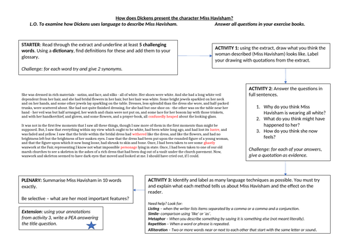 Miss Havisham Learning Mat/ Worksheet KS3