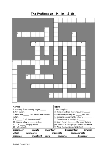 Prefixes Crossword - un, in, im, dis