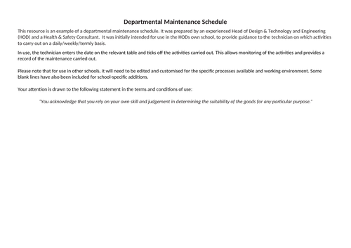 Design and Technology Departmental Maintenance Schedule