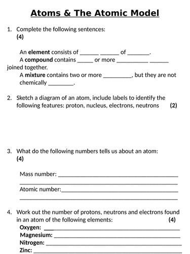 NEW AQA GCSE (2016) Chemistry - Atoms & The Atomic Model Homework