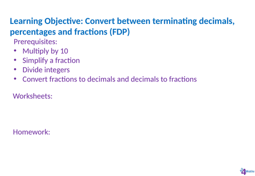 Fractions decimals and percentages