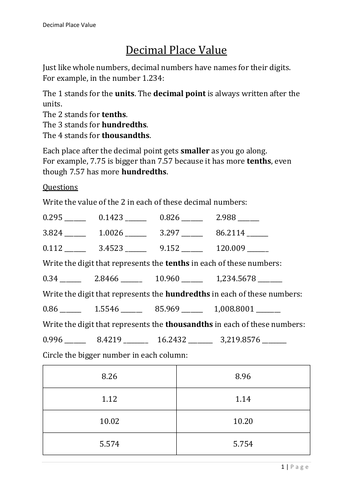 Mathematics - Decimal Place Value