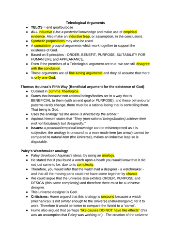 A Level religious studies the Teleological arguments