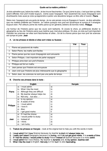 GCSE French School Subjects & Opinions: les matières reading & translation