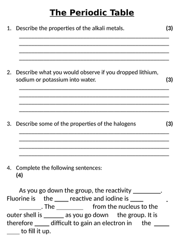 NEW AQA GCSE (2016) Chemistry - The Periodic Table Homework