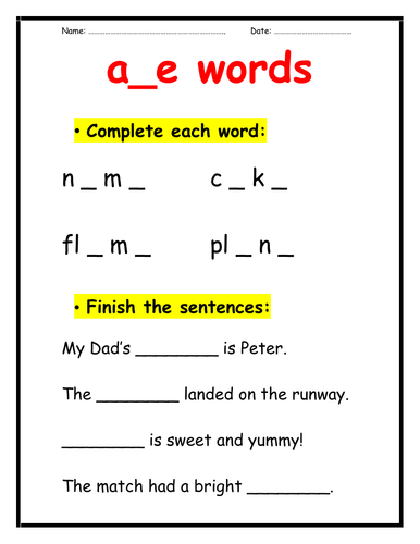 a_e words and ar word - worksheets