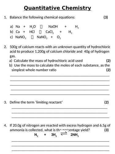NEW AQA GCSE (2016) Chemistry -  Quantitative Chemistry Homework