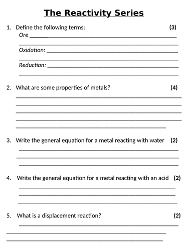 NEW AQA GCSE (2016) Chemistry  - The Reactivity Series Homework