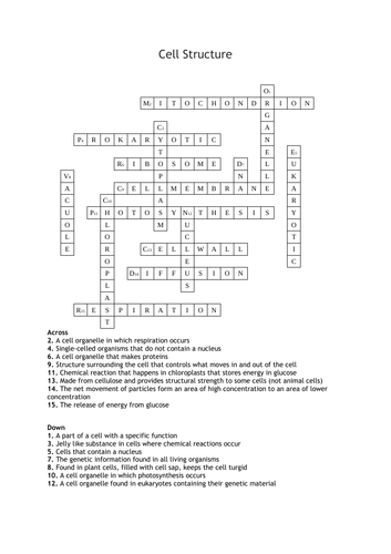 Cell Structure Crossword Teaching Resources