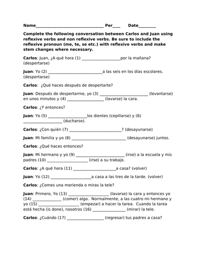 Daily routine reflexive verbs conversation worksheet