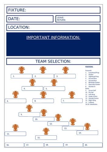 Rugby Team Selection Template - Orange