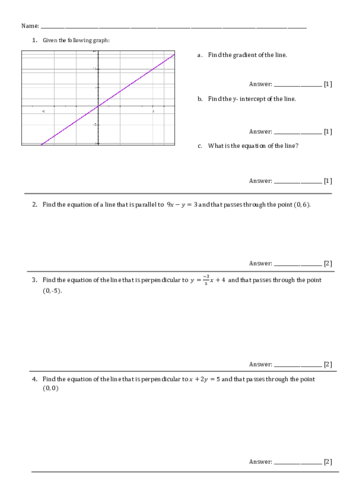 Straight line graphs. GCSE revision worksheet+ Answers.