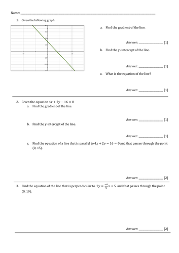 Straight line graphs. GCSE Revision worksheet+Answers.