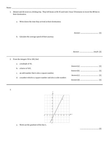GCSE. Revision worksheet+Answers. Travel graphs, multiples, factors, straight line graphs, sequences