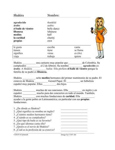 Shakira Biography Worksheet For Spanish 1 Present Tense Teaching Resources