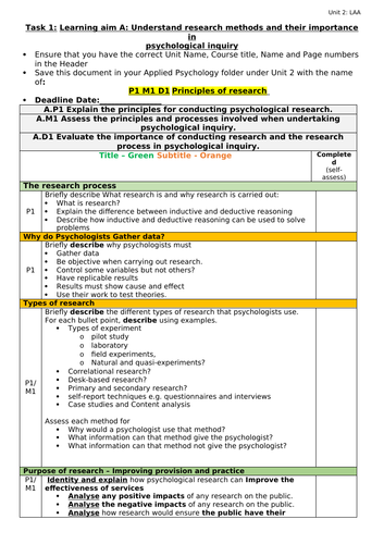 Applied Psychology Unit 2 LAA Conducting Psychological Research Assignment task sheets